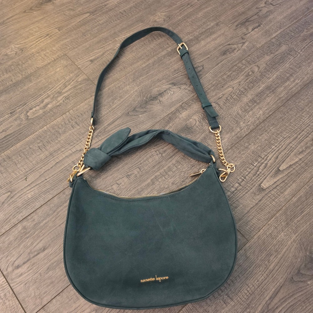 Nanette Lepore Teal Faux Suede Hobo Crossbody Bag with Knot Handle Gold Hardware - Picture 2 of 9